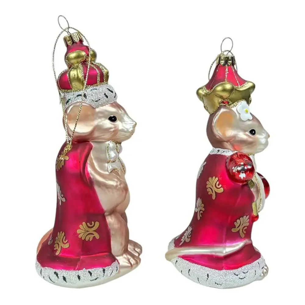 Fitz and Floyd Charming Tails King and Queen of Hearts Mouse Glass Ornaments Set